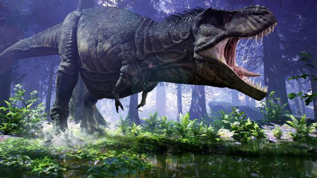 Dinosaurier stampft durch eine Wald - und Farnlandschaft